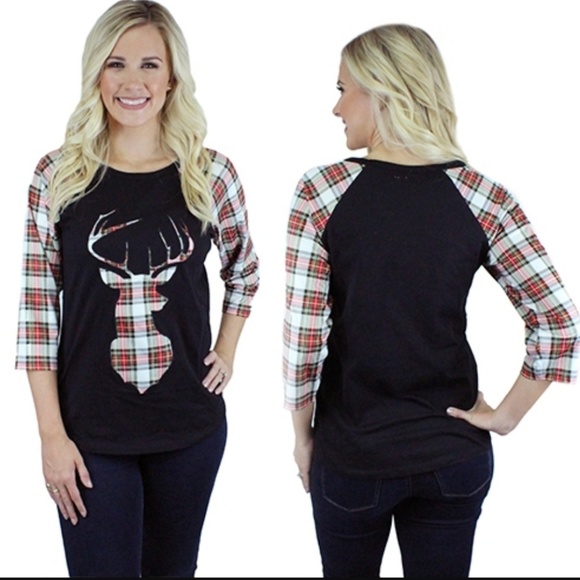 Plus -Plaid Reindeer Raglan - Red & White Plaid - Picture 2 of 2